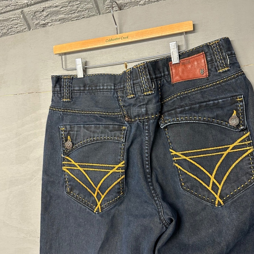 Ecko Unltd Mens Jeans W38 Dark Wash Straight Leg Yellow Stitch Detail‎